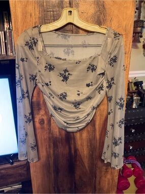 BELL Sleeve Sage Green Floral Ruched Long-Sleeve Top